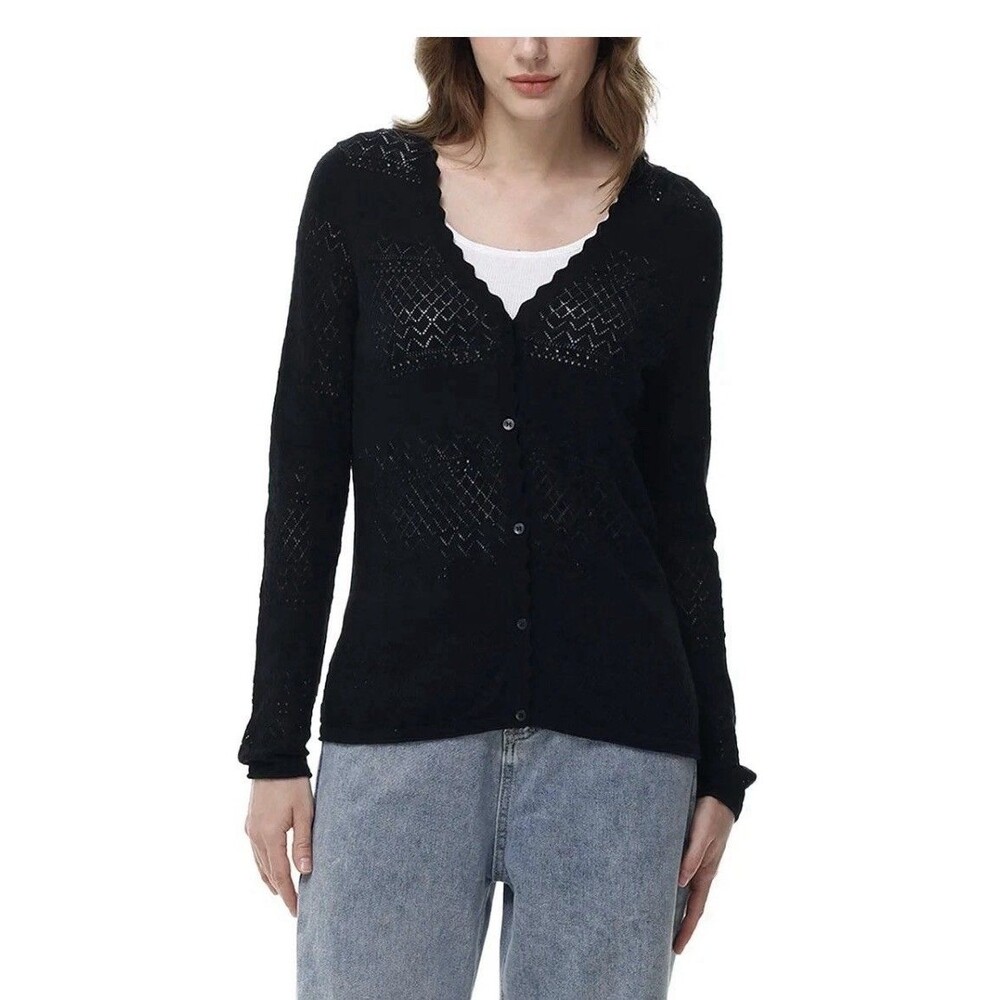 Frye Women's Black Pointelle Knit Cardigan Size XL Scalloped V-Neck Button Front